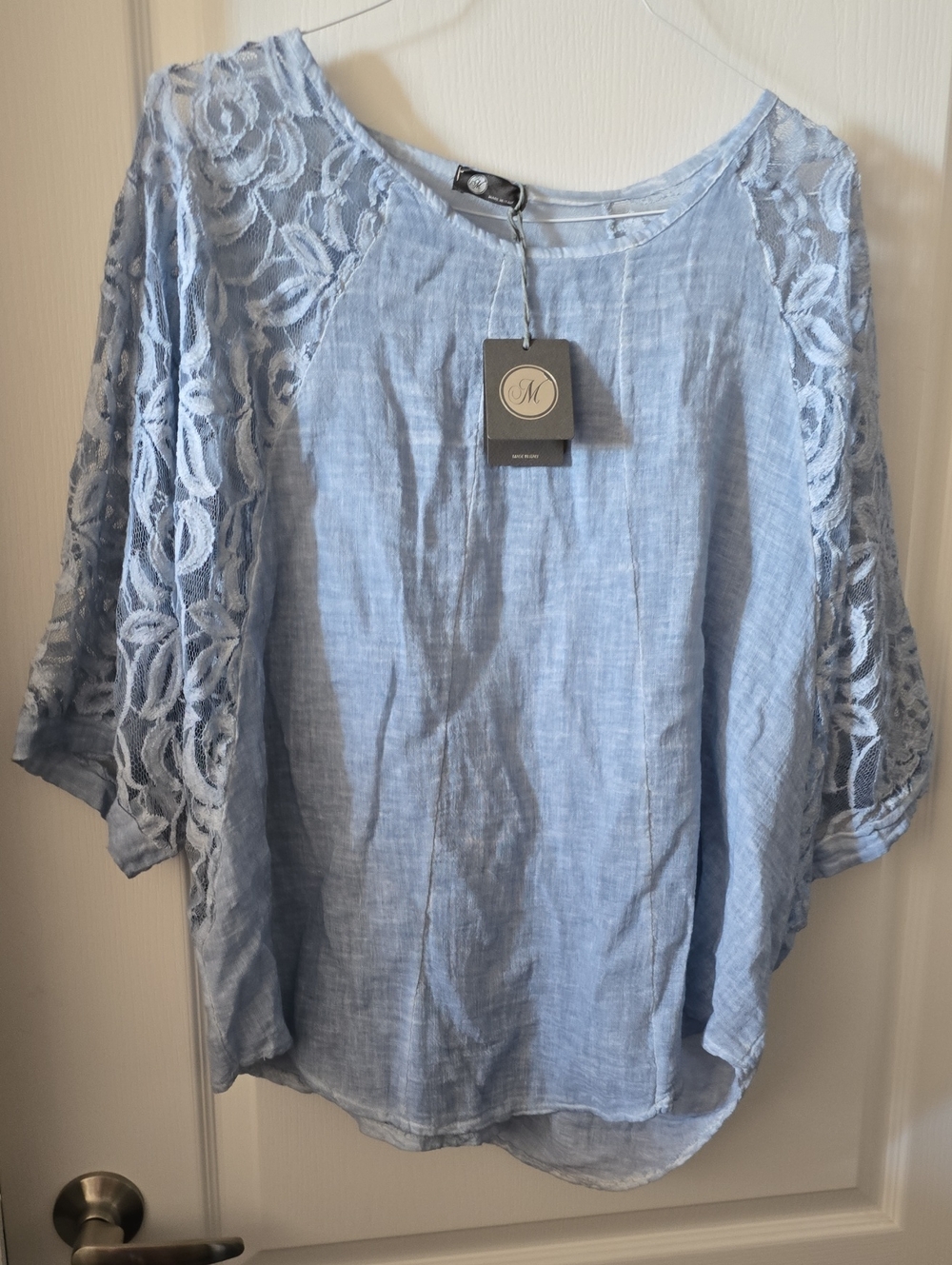Size L ELLIE Attar -Made In Italy Women's Light Blue Lace-Sleeve Tunic Top by